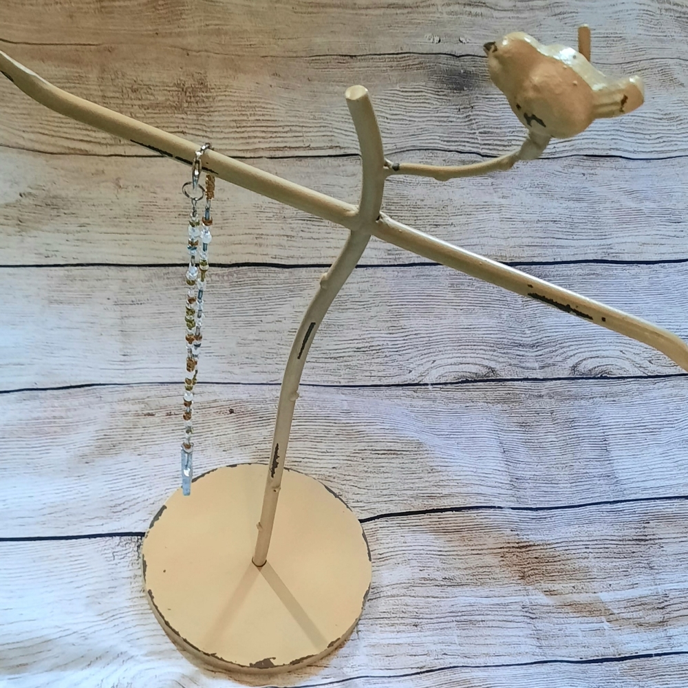 Tall Bird Jewelry Holder Metal Necklace Organizer Shabby Chic Pastel Yellow